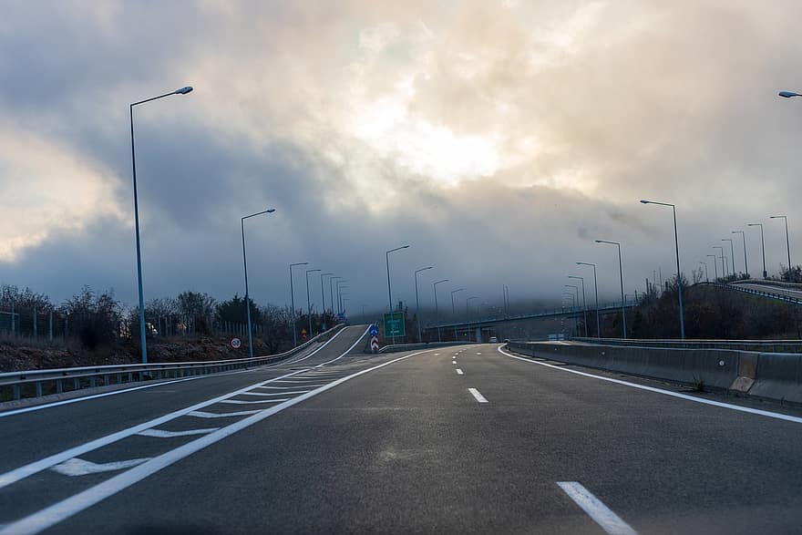 Road, Highway, Clouds, Fog, Empty, Landscape, Greece, traffic, transportation, speed, car