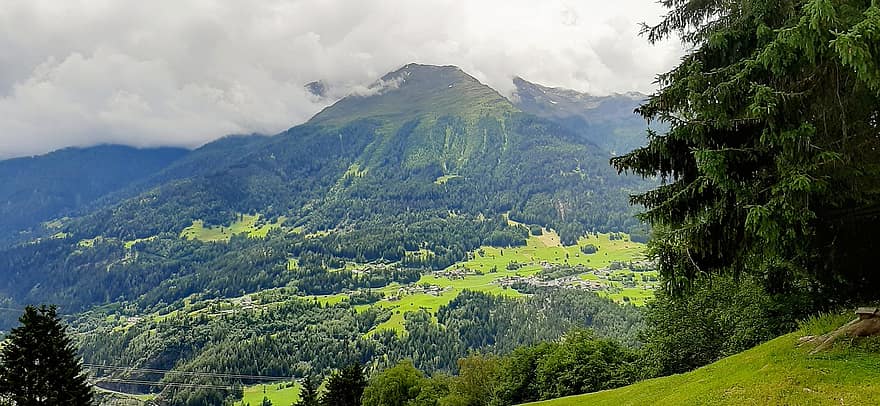 természet, utazás, felfedezés, szabadban, vidéki, völgy, Tobadill, Tirol, hegyek, felhők, fák