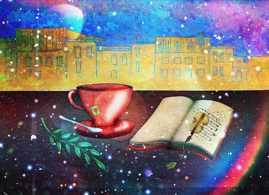 Βιβλίο, τσάι, Σελιδοδείκτης στο βιβλίο, πόλη, δρόμος, καφενείο, φιγούρα, νεκρή φύση, των ζώων, κούπα, καφές
