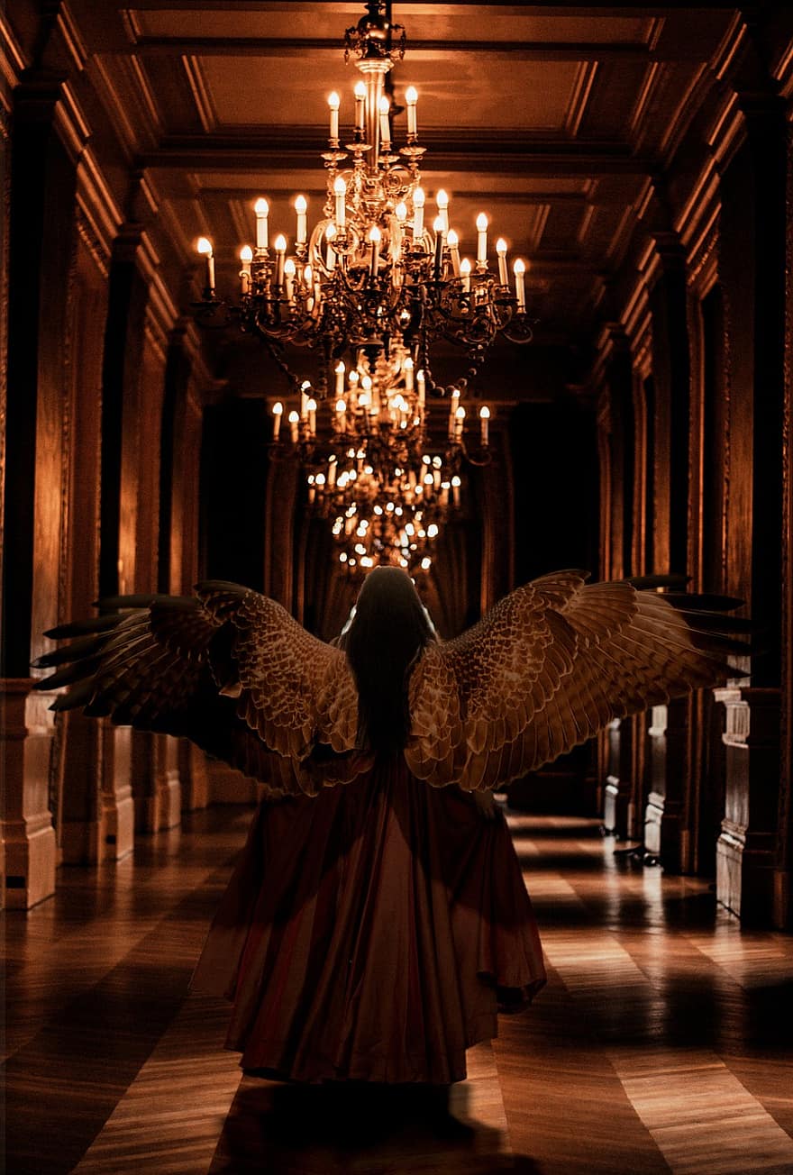 галерея, девушка, крылья, свечи, люстра, женщина, мифический, фантастика, дворец