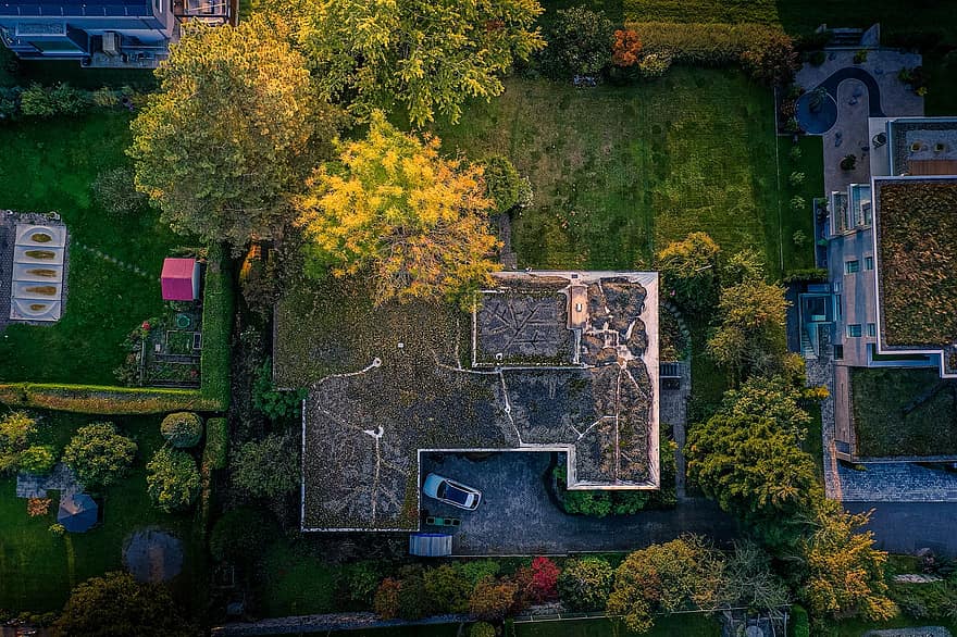 House, Villas, Village, Plot, Property, Home, Switzerland, aerial view, high angle view, tree, autumn