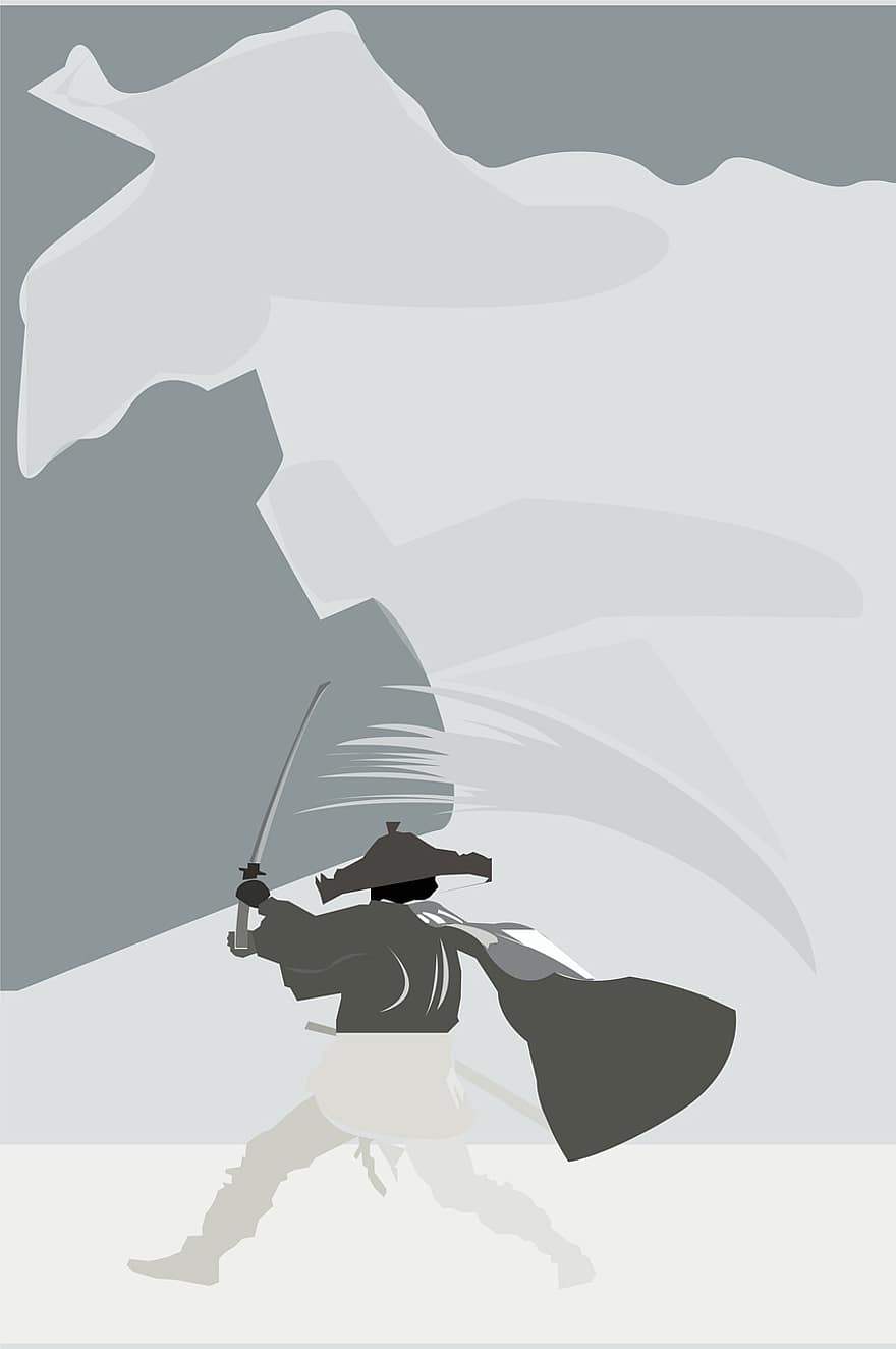 Fight, Strong, Samurai, Sword, Warrior, Work, vector, illustration, men, cartoon, silhouette