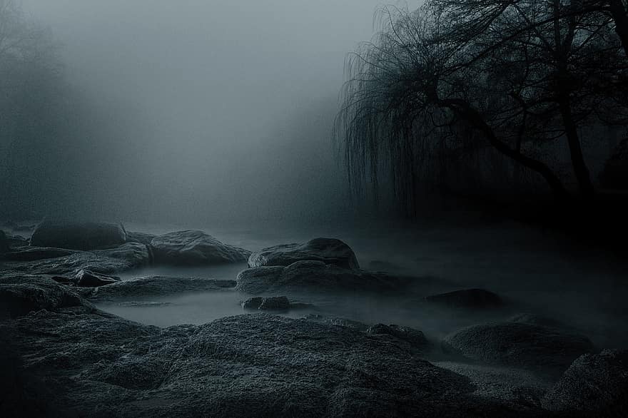 mgła, Natura, ciemny, skały, zamglenie, mglisty, drzewa, krajobraz, czarny i biały