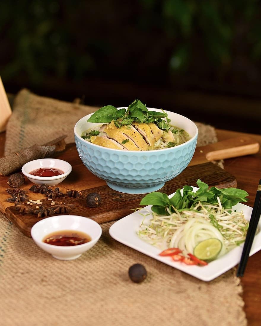 pho ga, vietnamesisk kyckling pho soppa, vietnamesisk mat