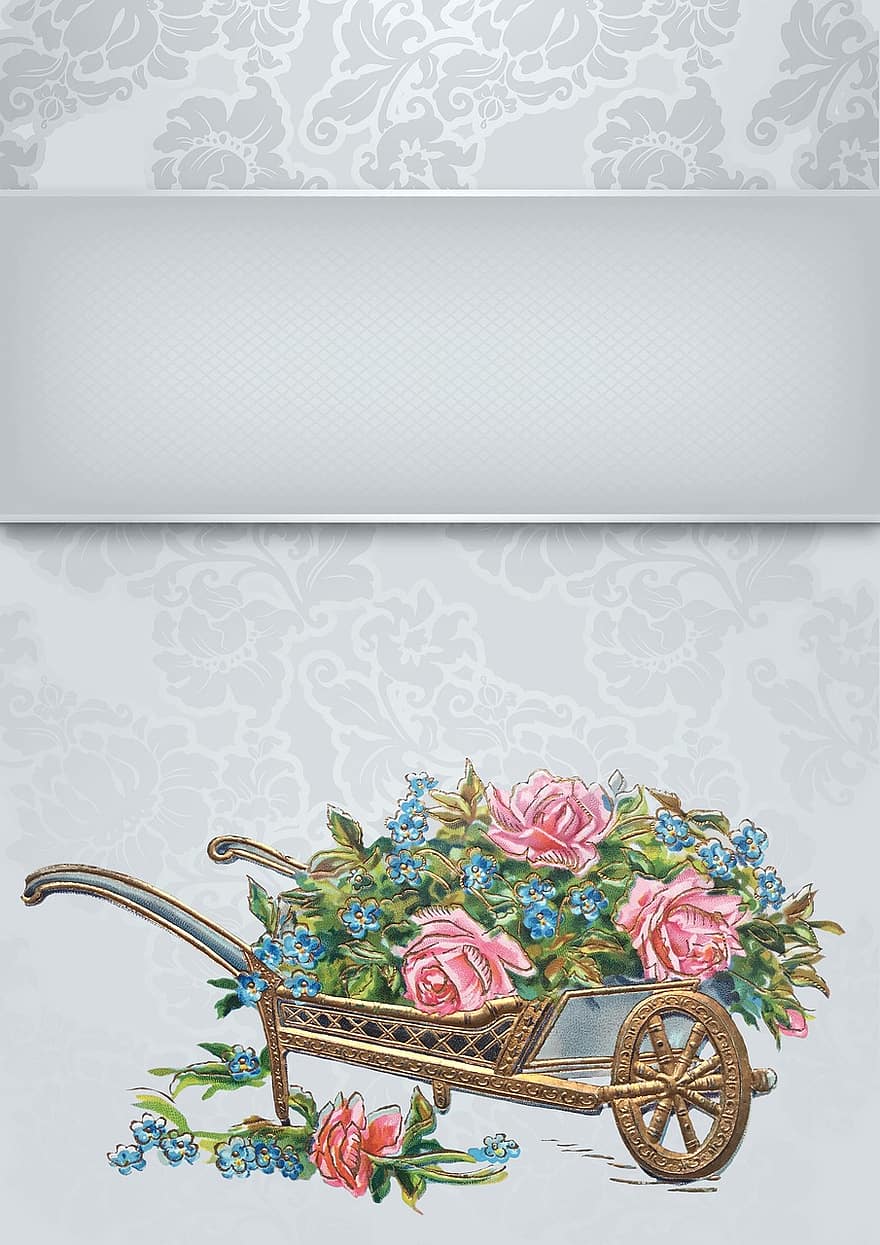 Background, Flowers, Banderole, Paper, Wheelbarrow, Gold, Silver, Elegant, Noble, Design, Wedding