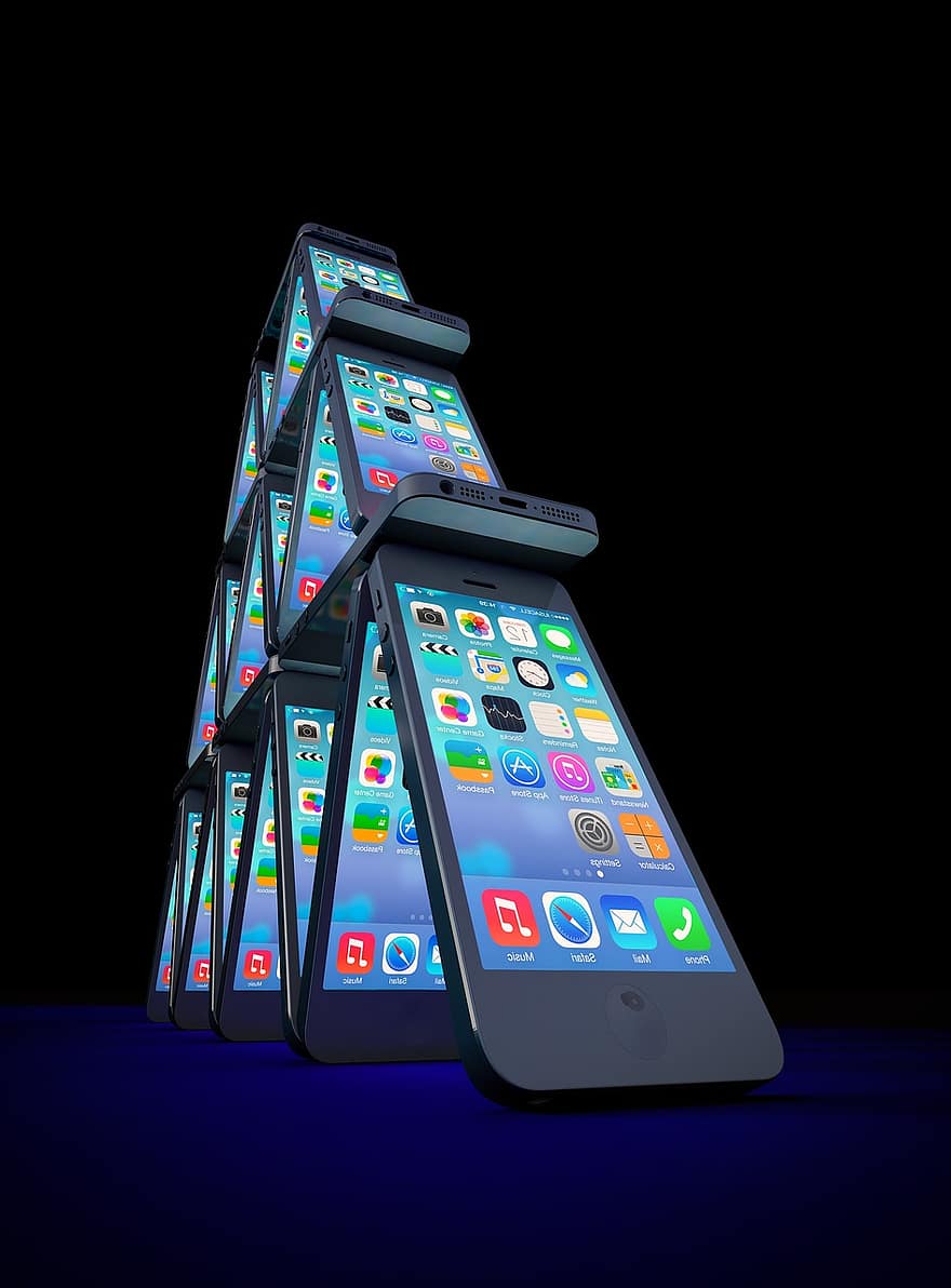 „iPhone“, kortų namelis, Mobilusis telefonas, obuolys, ekranas, ryšių technologijos, ryšį, prieinamumas, tamsoje, šviečia, aksomas