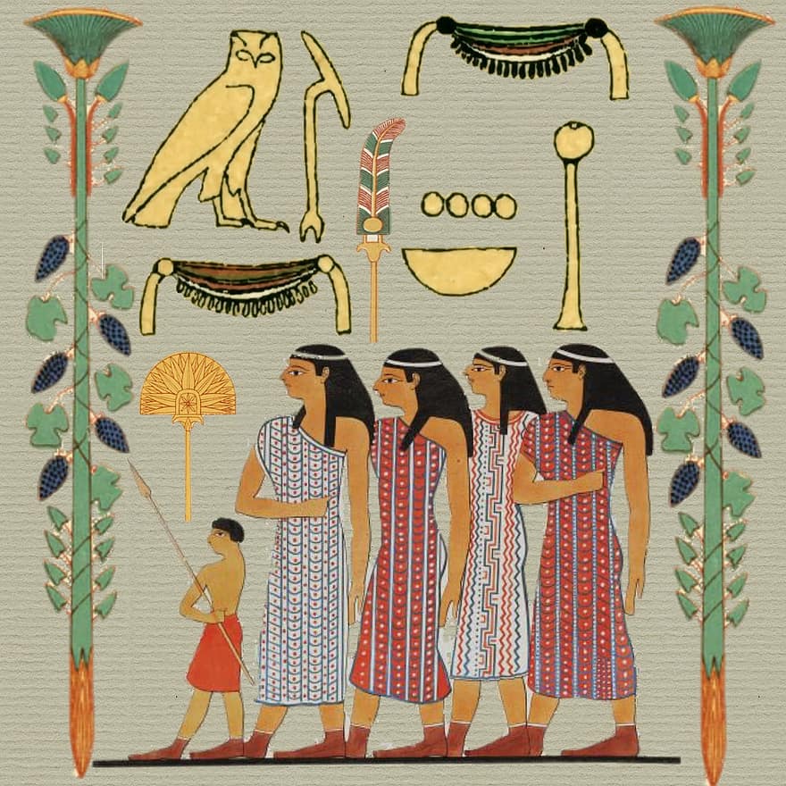 Ēģiptes, papīrs, sievietēm, bērns, pūce, kleita, dizains, artefakts, senā Ēģipte, kolāža, kopiena