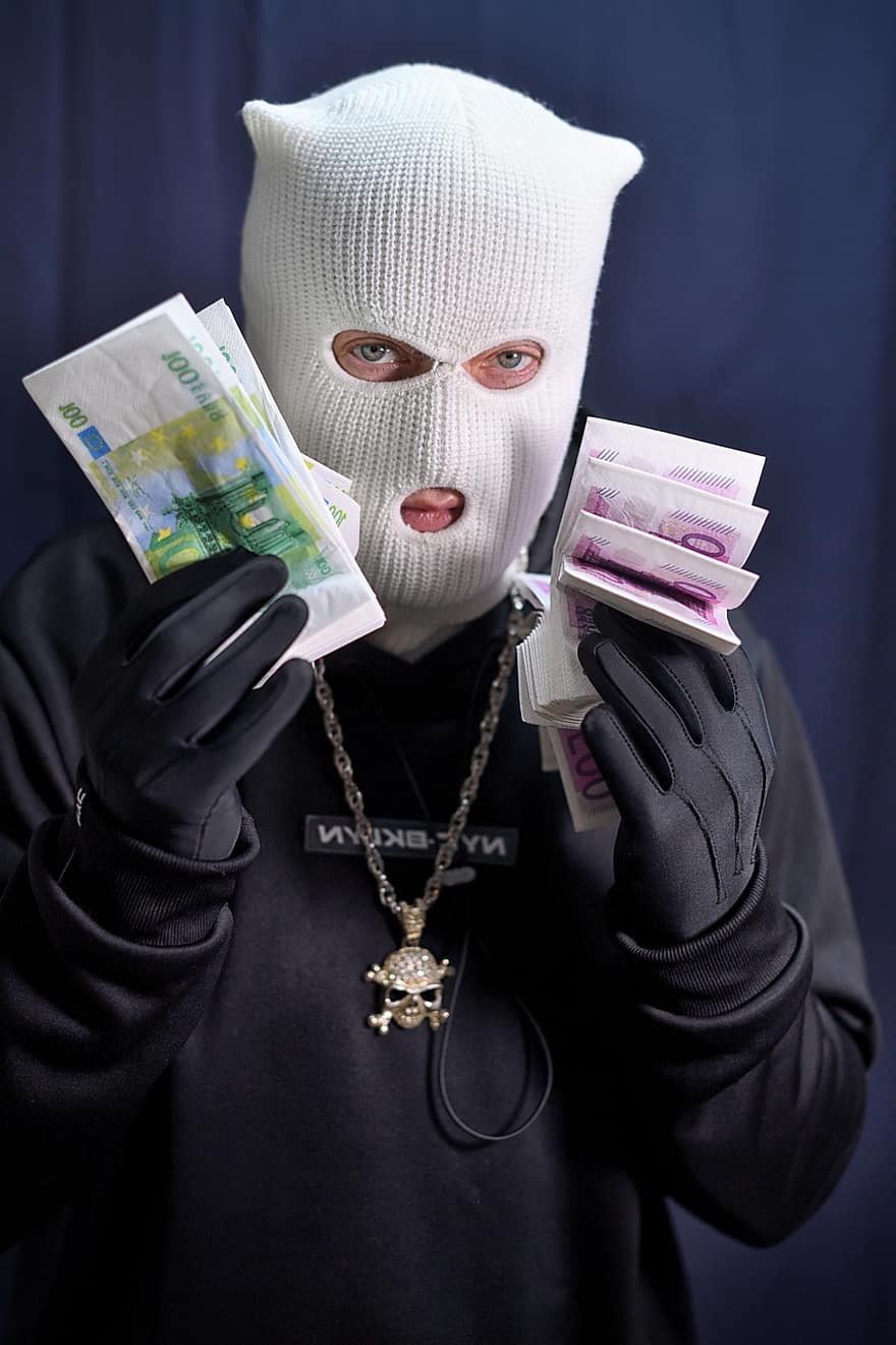 guantes de spandex, guantes, máscara, crimen, soborno, dinero, financiar, efectivo, pasamontañas, mascara de pasamontañas, rapero