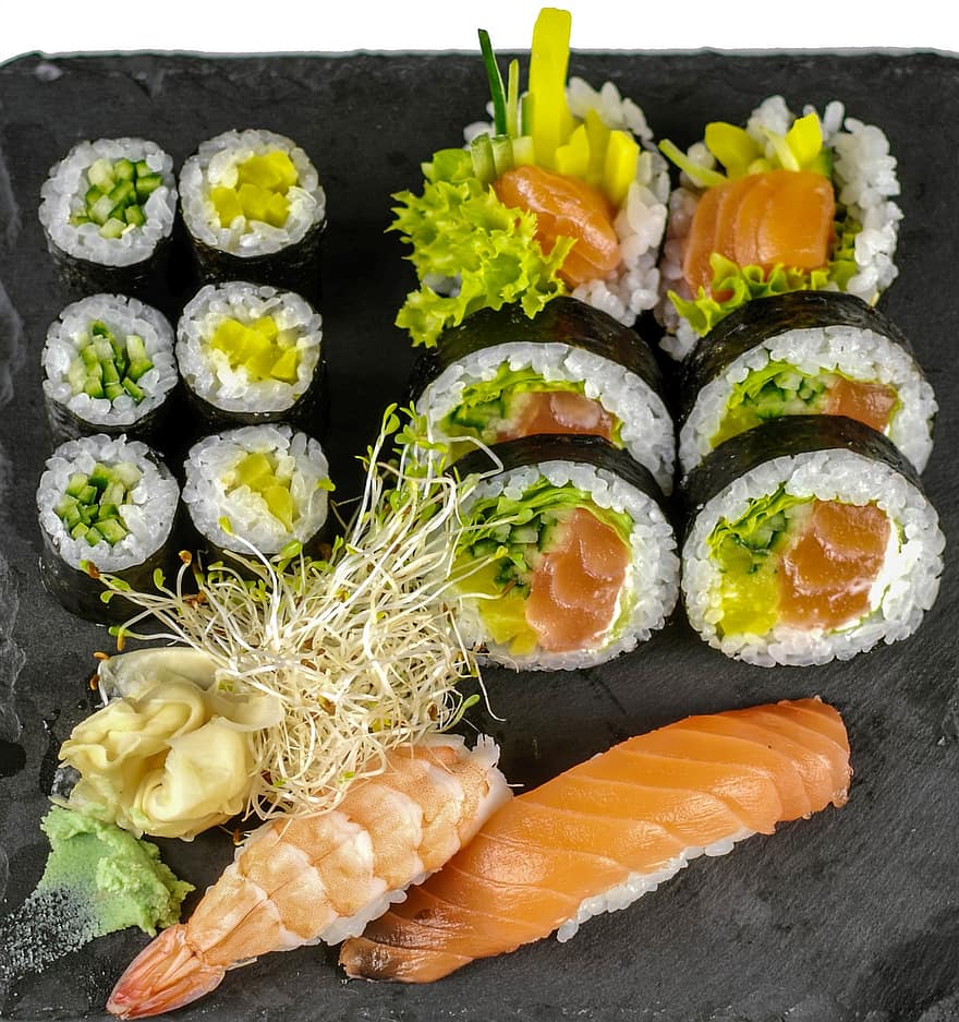 sushi, rotllos de sushi, california maki, menjar japonès, cuina japonesa