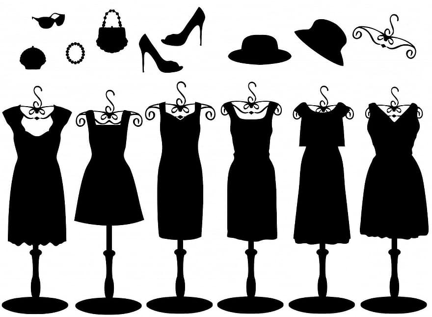 mekko, mekot, Lisätarvikkeet, musta, hattu, hatut, vaatetus, kengät, kukkaro, laukku, kirjekuorilaukku