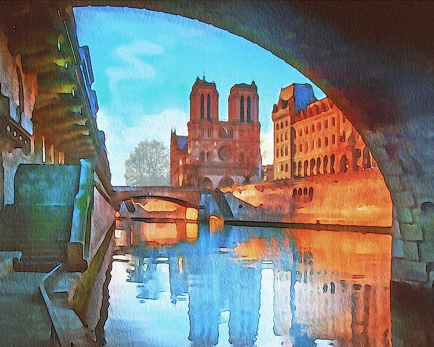 cat air paris, Notre Dame, Sungai Pemandangan, cat air, Paris, dekorasi, Perancis, artis-pelukis, warna, jendela, sinar matahari