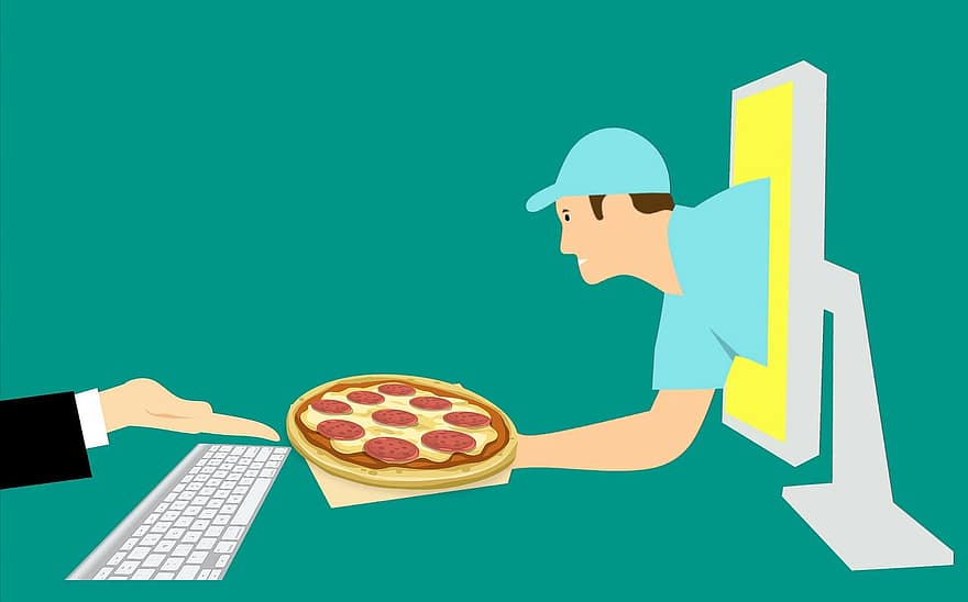 pica, kurjers, tiešsaistē, siers, dators, jēdzienu, piegādāt, e-komercija, ātri, plakans, ēdiens