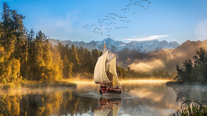 barco, viagem, natureza, fundo, montanhas, madeiras, lago, fantasia, aventura