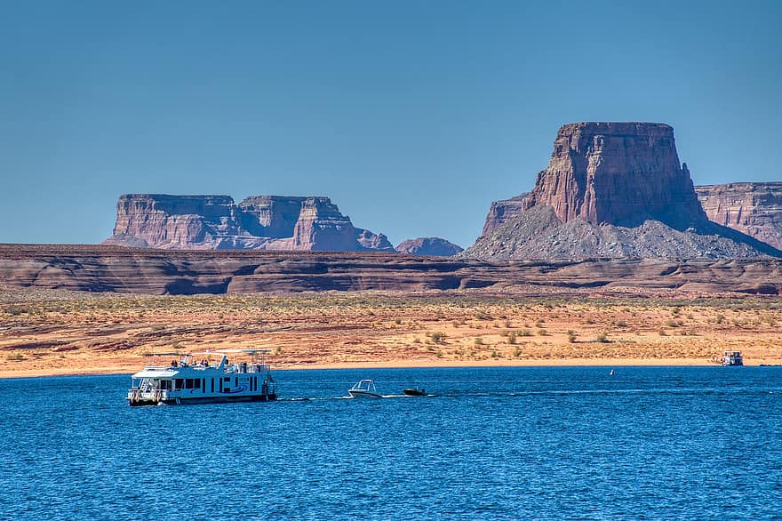 Boat, Lake, Lake Powell, Rocks, Desert, Canyon, Arizona, Water, Usa, Dam, Scenic