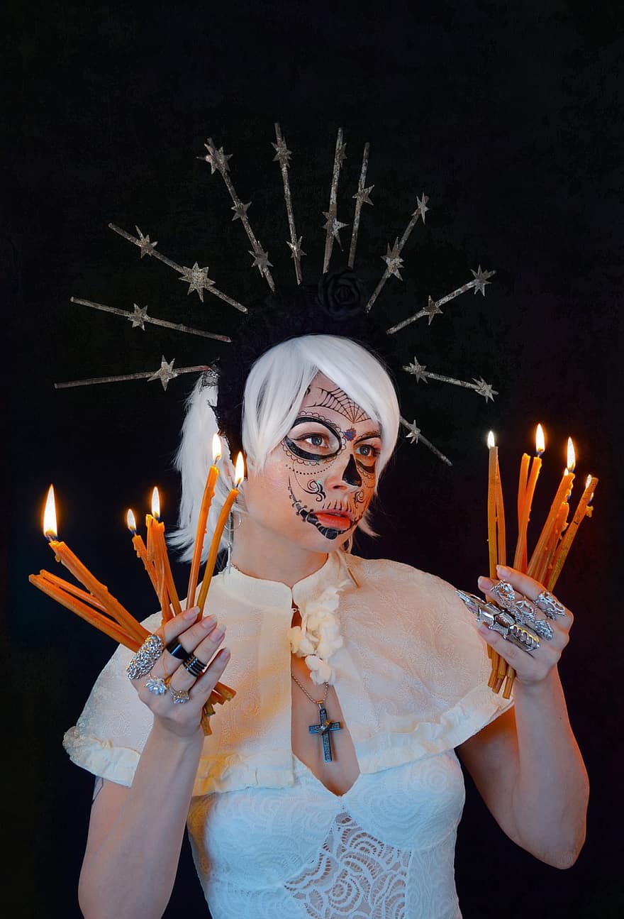 женщина, костюм, Ла Калавера Катрина, свечи, пламя, Calavera, Ла Катрина, Katrina, день смерти, Dia de Los Muertos, Синко де Майо