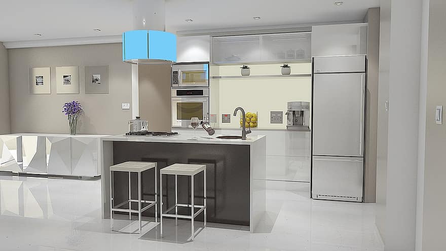 hacer, 3d, diseño, espacio abierto, diseño de interiores, cocina, Cocina gris, Diseño gris