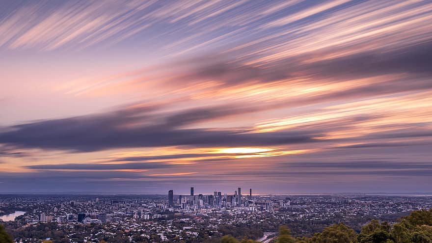 Brisbane, ciudad, amanecer, panorama, horizonte, rascacielos, edificios, metropolitano, moderno, céntrico, urbano