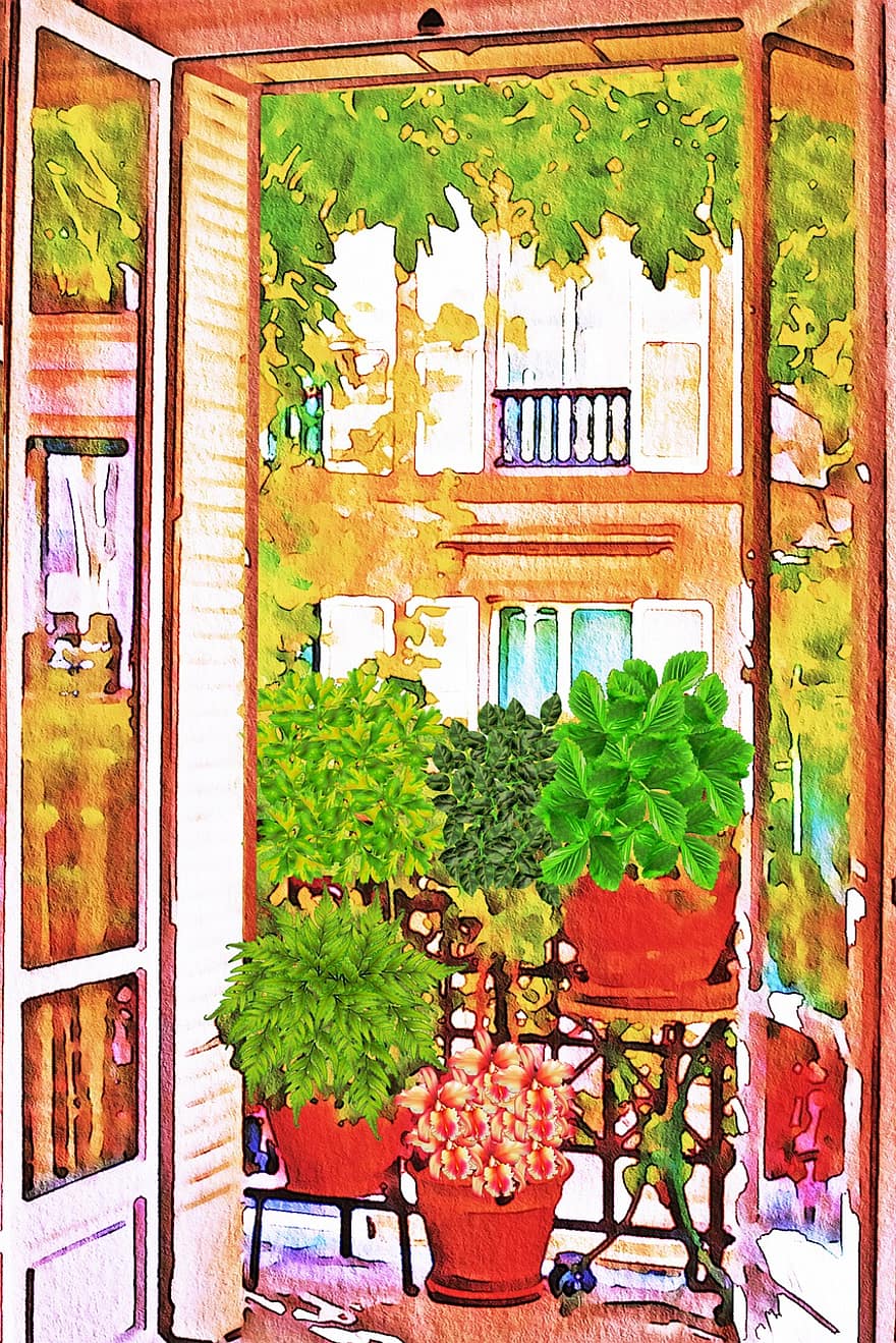 Akvarell Paris, Paris hagebalkong, åpent vindu, planter, hage, vindu, blomst, åpen, geranium, døråpning, hus