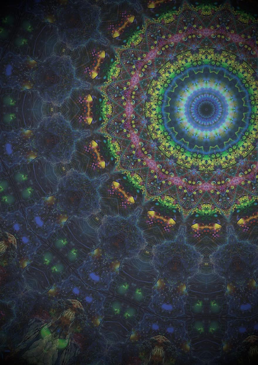 mandala, psychedelische, patroon, bloem, fractal, caleidoscoop, hypnotiseren, kleuren, kristal, meditatie, ontwerp