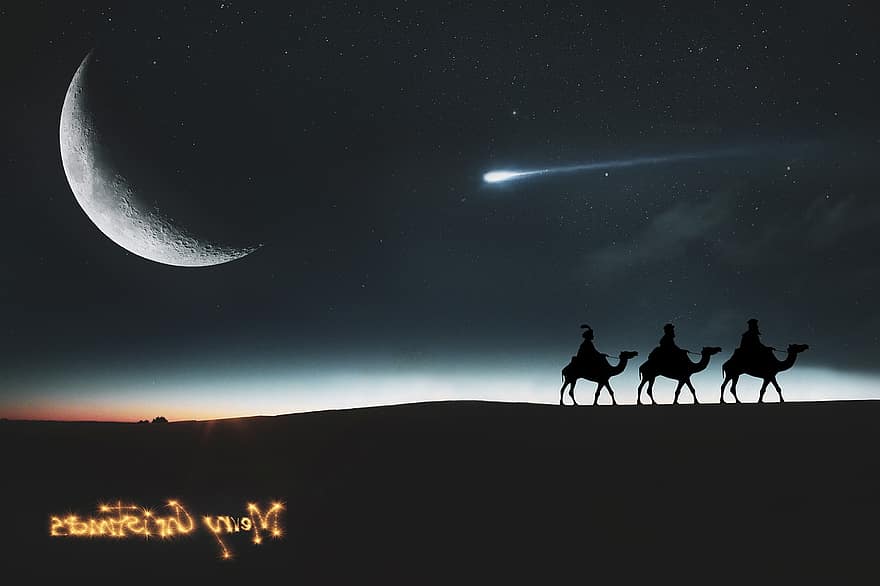 jul, magi, post, himmel, måne, natt, stjerne