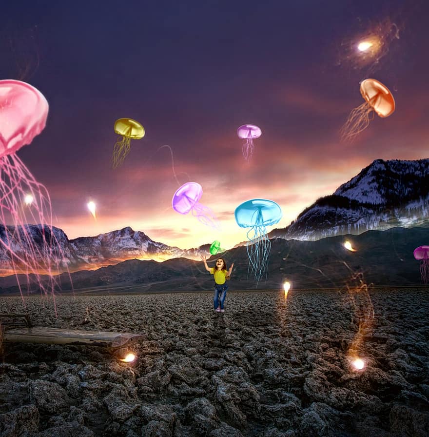 летене, медуза, фантазия, деца, цветен, нереален, сюрреализъм, дигитално изкуство, планина, небе, нощ