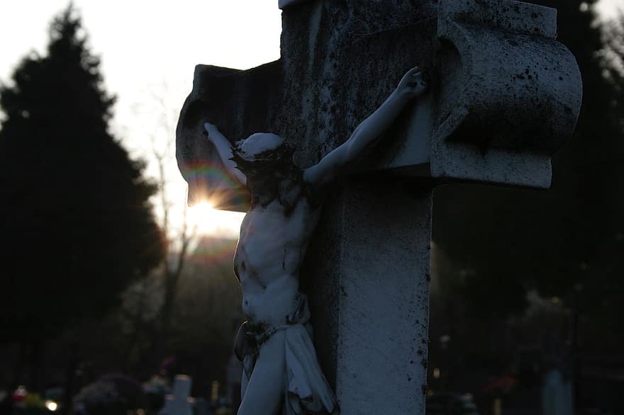 cimitero, attraversare, Gesù, tramonto, luce, scultura, crocifissione, religione, tomba, buio