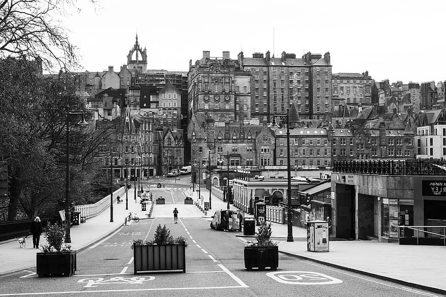 stad, downtown, monochroom, Europa, Edinburgh, oude stad, straat, Schotland, weg, architectuur, zwart en wit