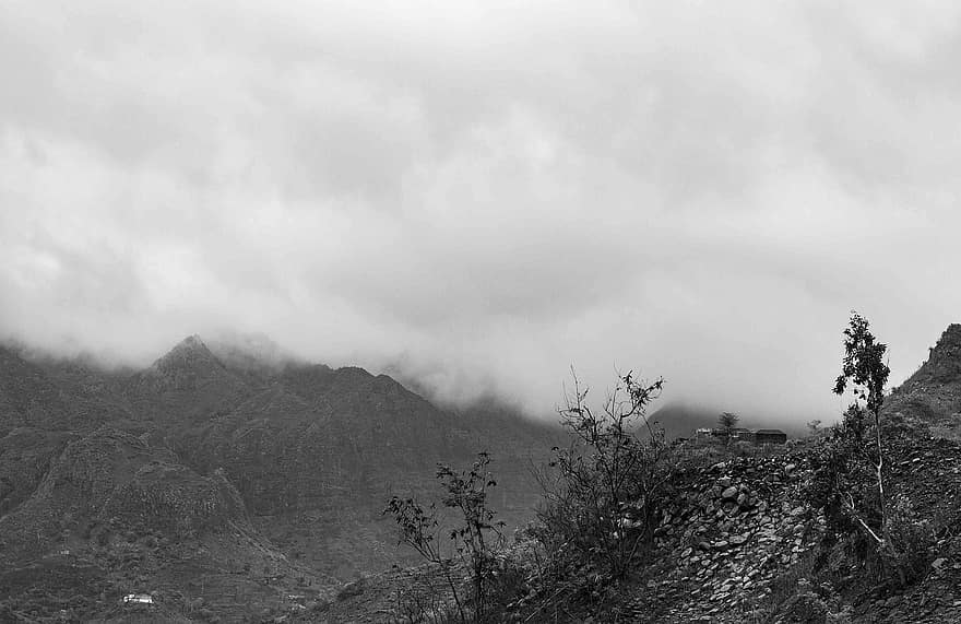 montaña, Cabo Verde, niebla, África, en blanco y negro