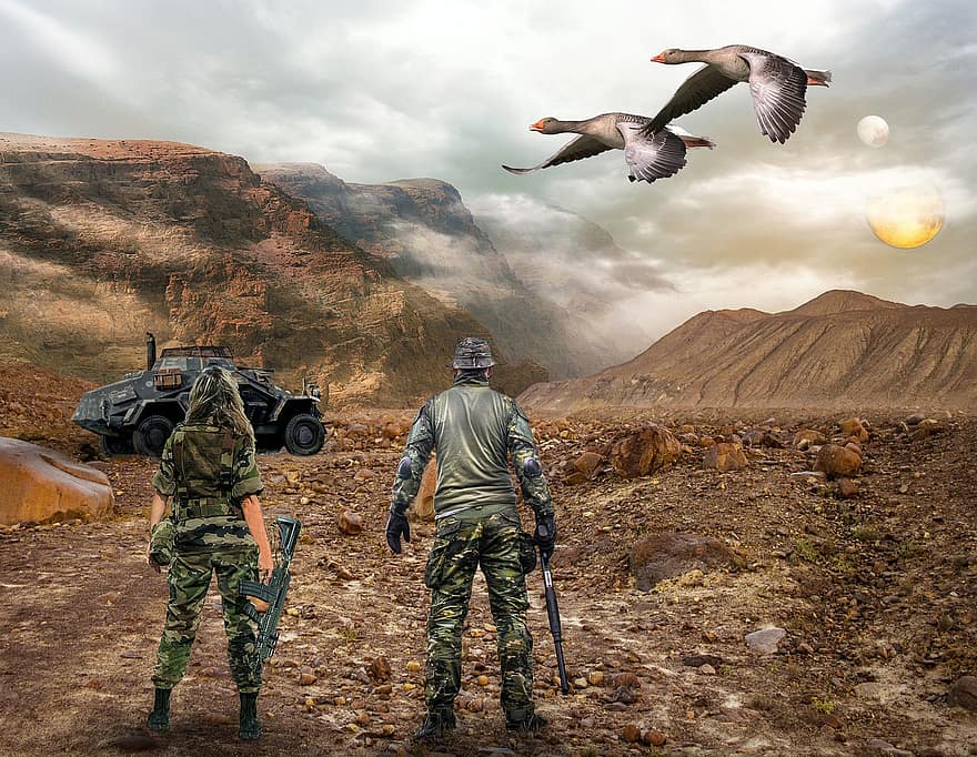 soldats, vehicle militar, paisatge, Oca, ocells, ales