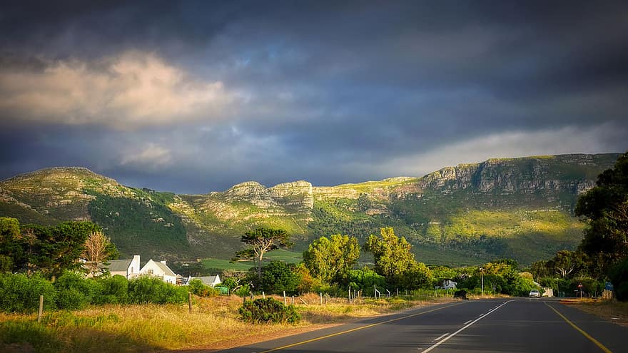Road, Mountain, Clouds, Houses, Street, Avenue, Pavement, South Africa, Cape Town, Nature, Landscape