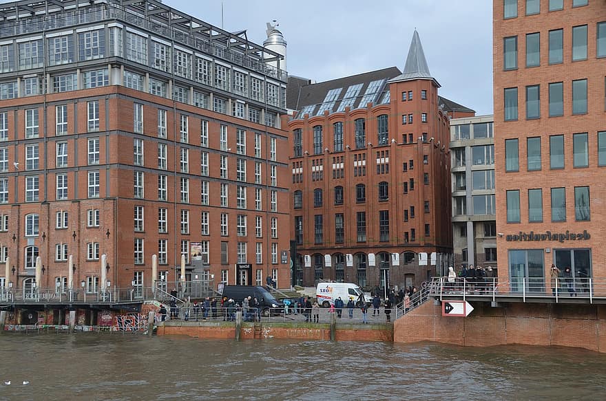város, épületek, építészet, port motívumok, Hamburg, híres hely, épület külső, épített szerkezet, városkép, víz, városi élet