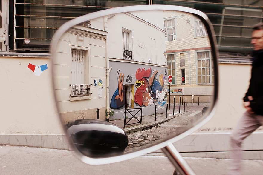 rua, grafitti, espelho, motocicleta