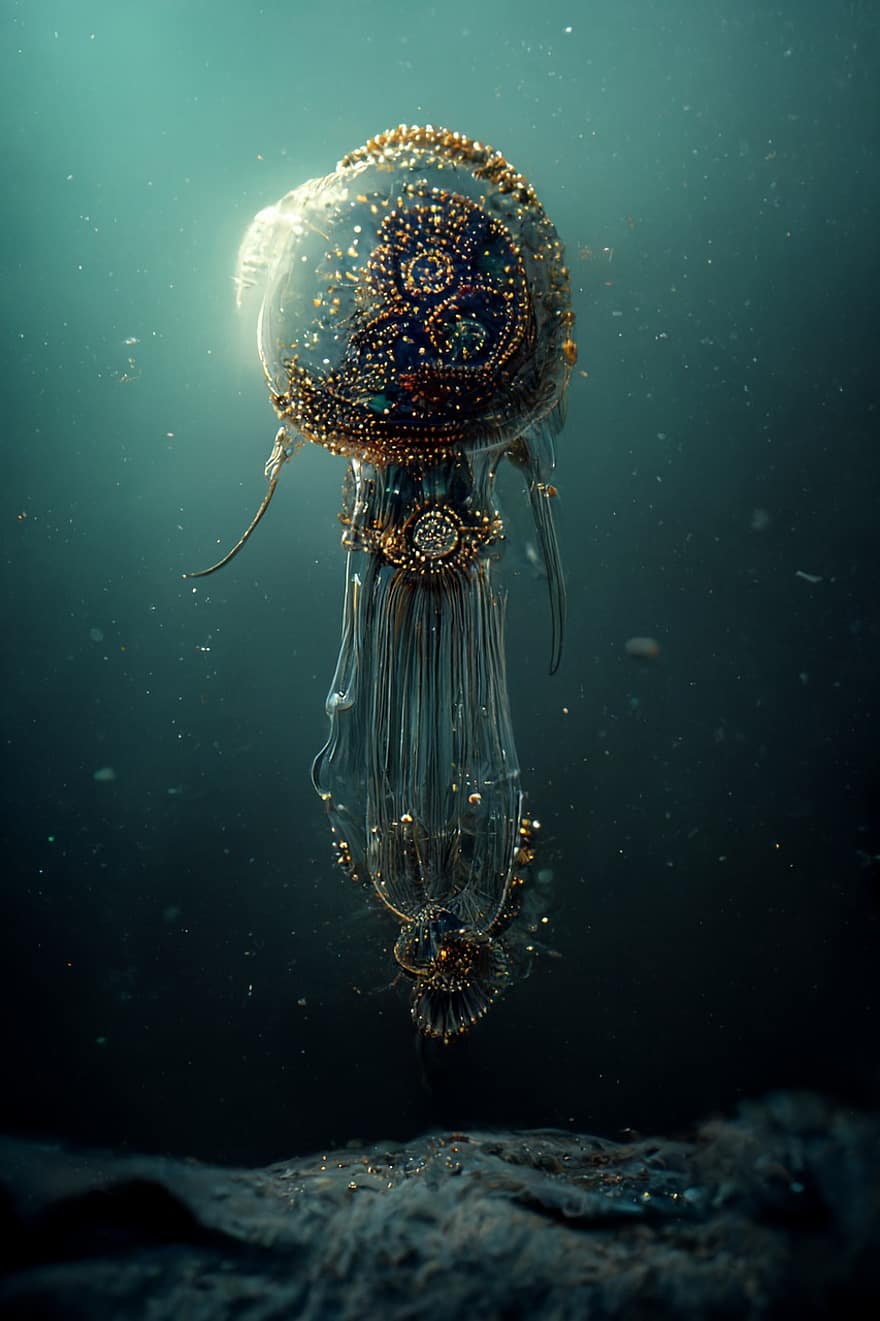 meduses, or, cristall, oceà, ornamentat, decoratiu, pedres precioses, fons, sota l'aigua, blau, decoració