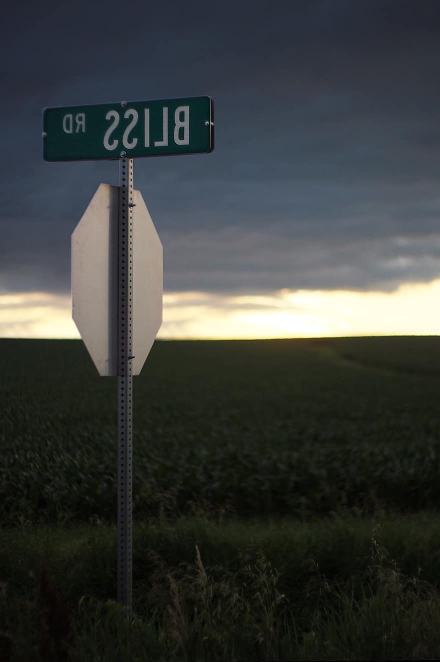 Bliss, Sign, Crossroads, Sunset, Road Sign, Street Sign, Fields, Rural, Countryside, Landscape