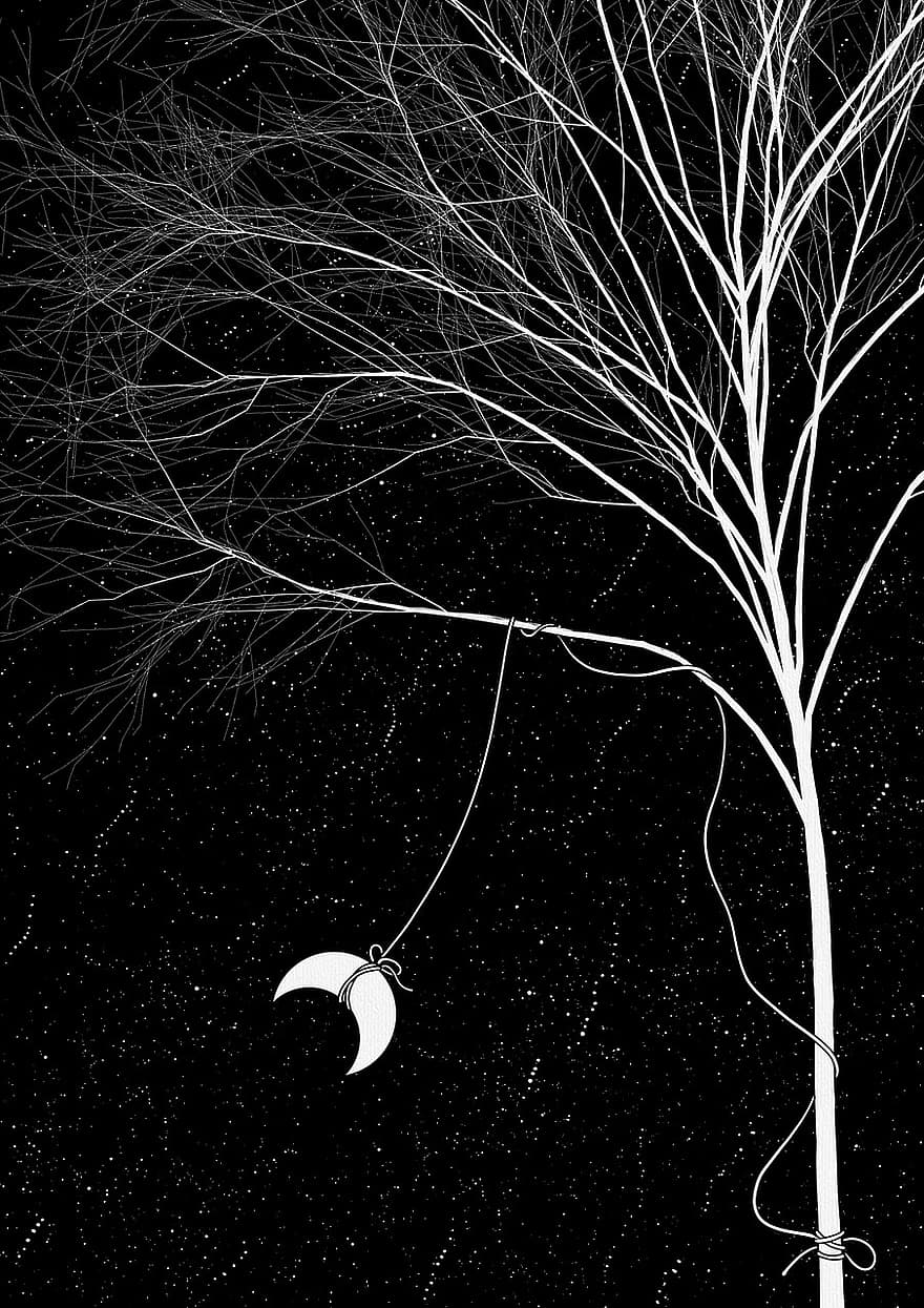 imaginație, creativitate, ilustrator, pictură, alb-negru, noapte, lună, copac, stea, cer înstelat, lună neagră