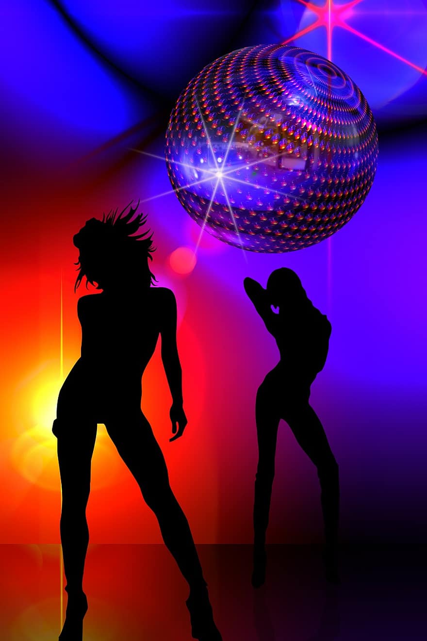 silueta, dívka, hnutí, skok, tanec, světlo, večírek, disko, noční klub, slavit, tanečníci
