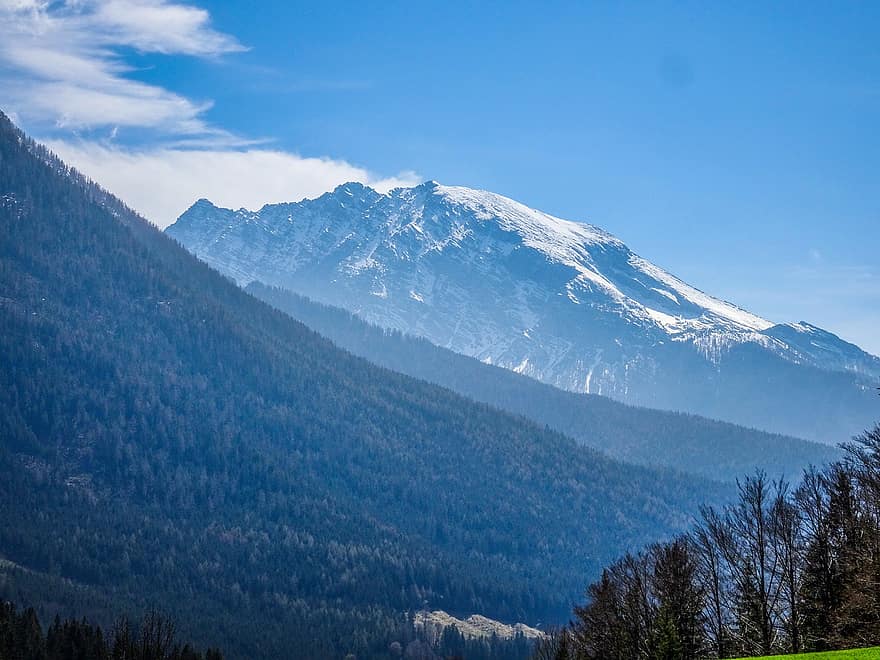 berchtesgaden, watzmann, kalnas, miškas, sniegas, kraštovaizdį, mėlyna, kalnų viršūnė, medis, žiemą, kalnų
