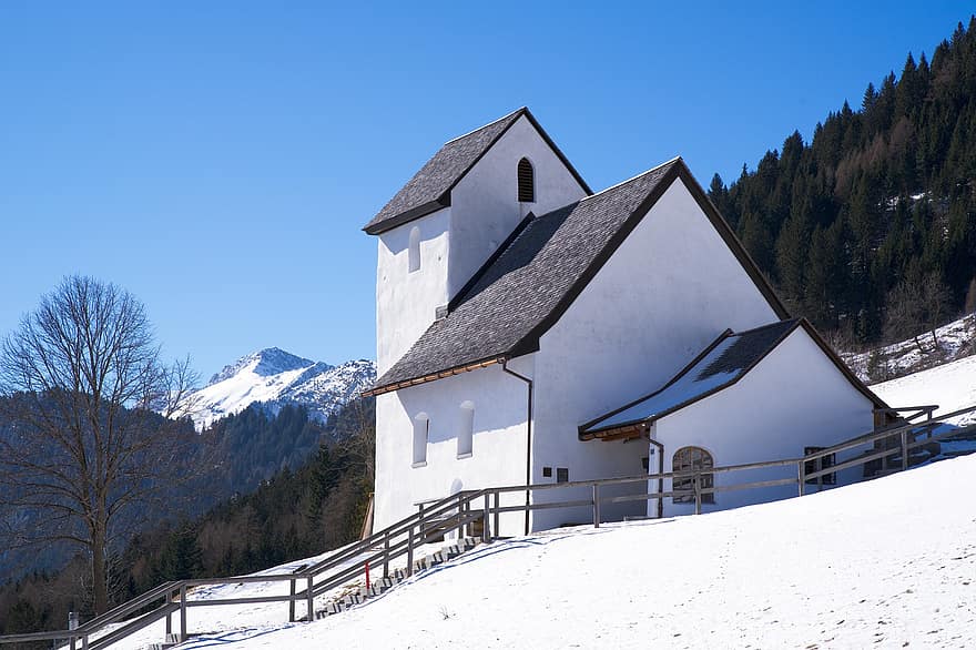 Building, Chapel, Snow, Mountains, Winter, mountain, architecture, landscape, blue, ice, wood
