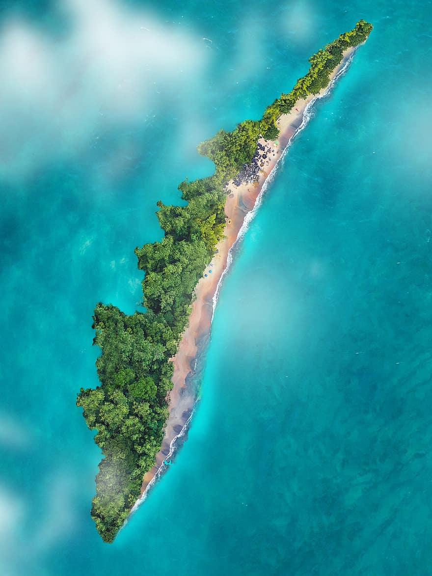 ilha, vista aérea, mar