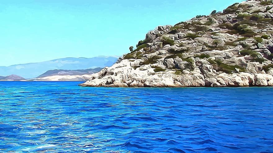 perjalanan dengan perahu, laut, pulau, pemandangan laut, perjalanan, batu, liburan, musim panas, berjalan di laut, biru, Turki