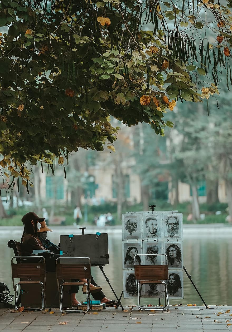 لوحة ، فنان ، فيتنام ، منتزه ، على ضفاف النهر ، بجانب البحيرة ، هانوي ، رجال ، الخريف ، تقنية ، الطاولة