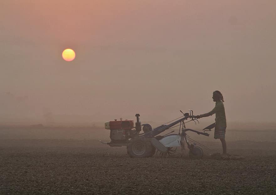 homem, máquinas, campo, nascer do sol, Bangladesh, dhaka, manhã, inverno