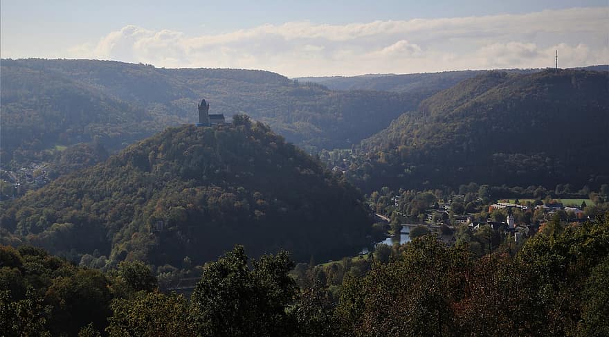 Замок Нассау, горы, Германия, долина, городок, замок, исторический, ориентир, горная вершина, лес, пейзаж