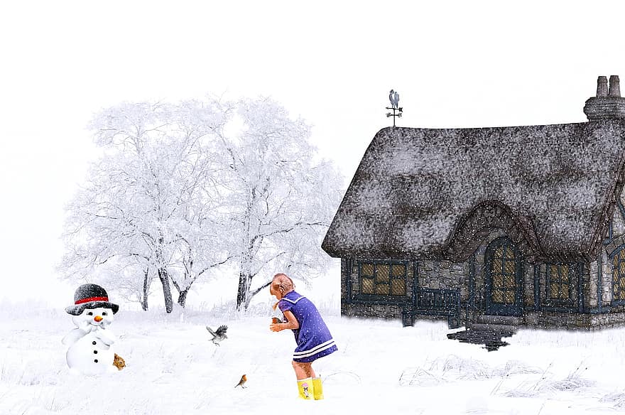 冬、雪、降雪、家、女の子、雪だるま、動物たち、鳥、野ウサギ、ファンタジー