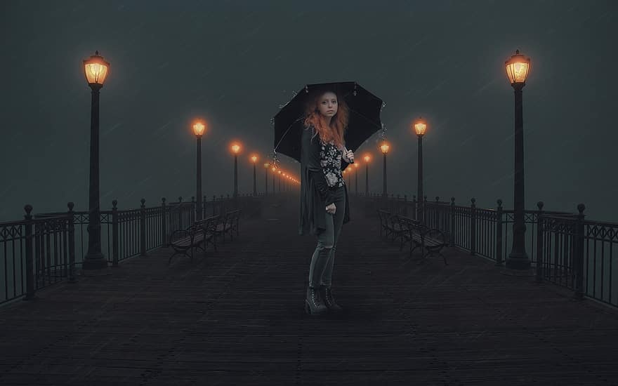 дождь, зонтик, улица, свет