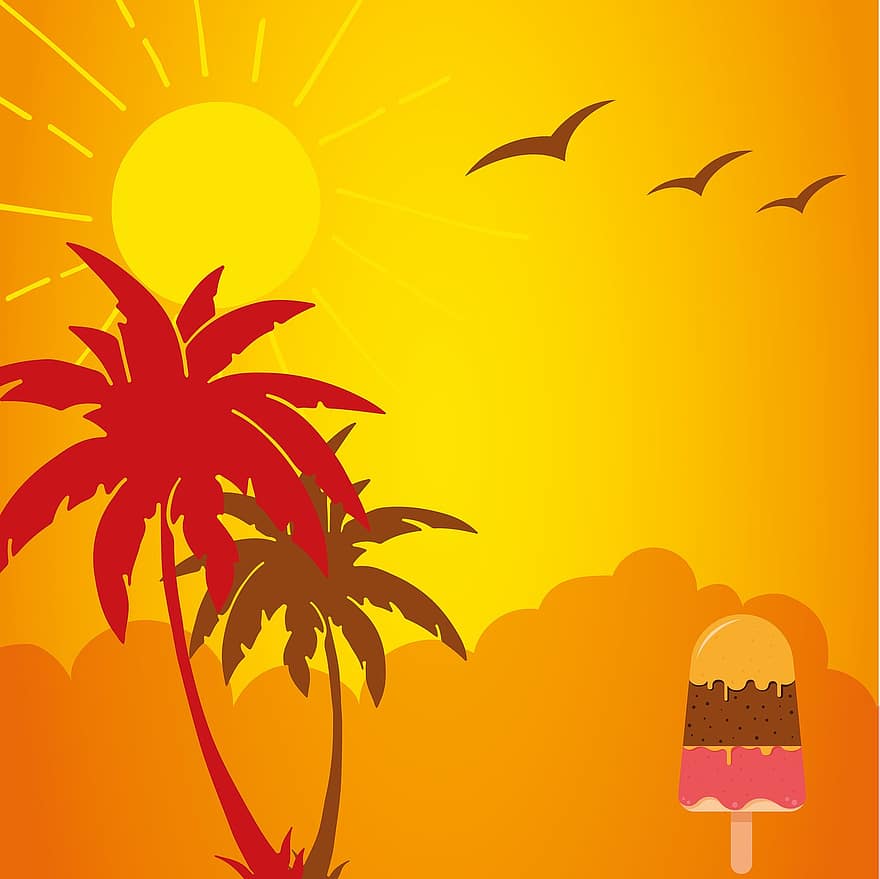 лято, плаж, море, почивки, чайки, лед, длан, слънце, жълт, оранжев