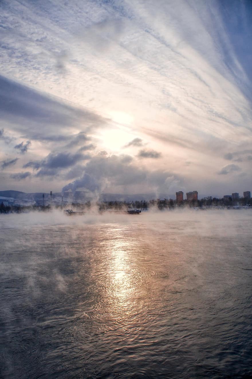 rivière yenisei, brouillard, Matin, Lac, gel, Sibérie, Russie, Yenisei, Krasnoyarsk, le coucher du soleil, nuage