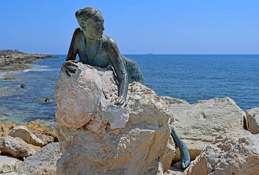 женщина, скульптура, статуя, произведение искусства, Современная Афродита, пафос, воды, береговая линия, камень, утес, путешествовать