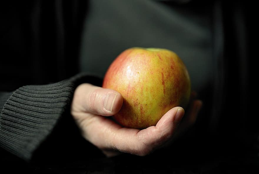 яблуко, рука, тримати, фрукти, вітаміни, свіжий, їсти, їжа, видалити, a, один