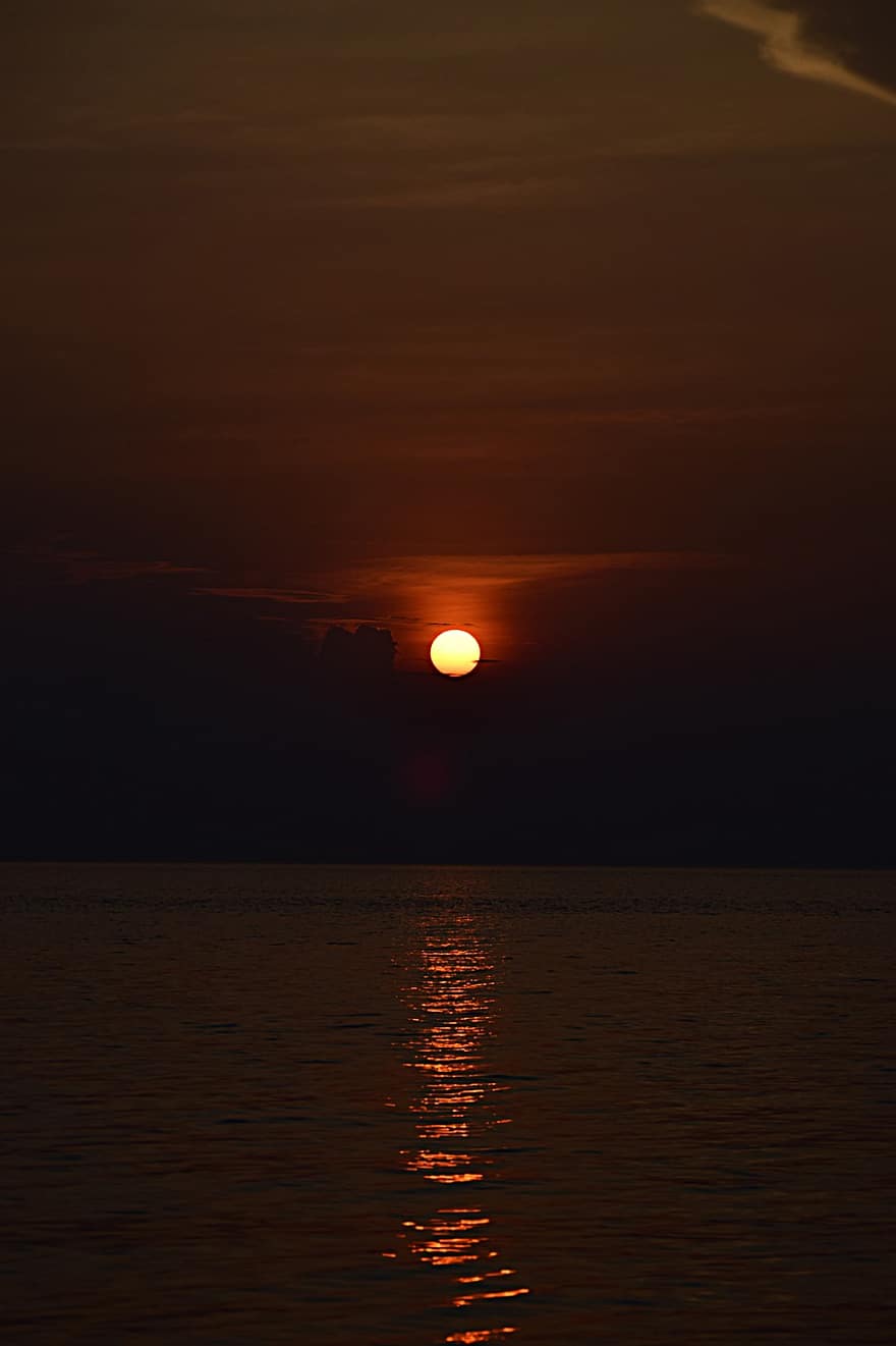 tramonto, mare, orizzonte, sole, crepuscolo, sole al tramonto, paesaggio marino